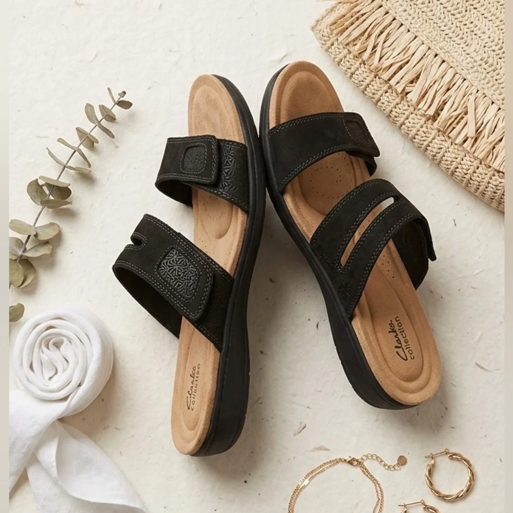 Clarks Collection Two Strap Adjustable Comfort Slide Sandals Black Size 11 EUC - Picture 1 of 9